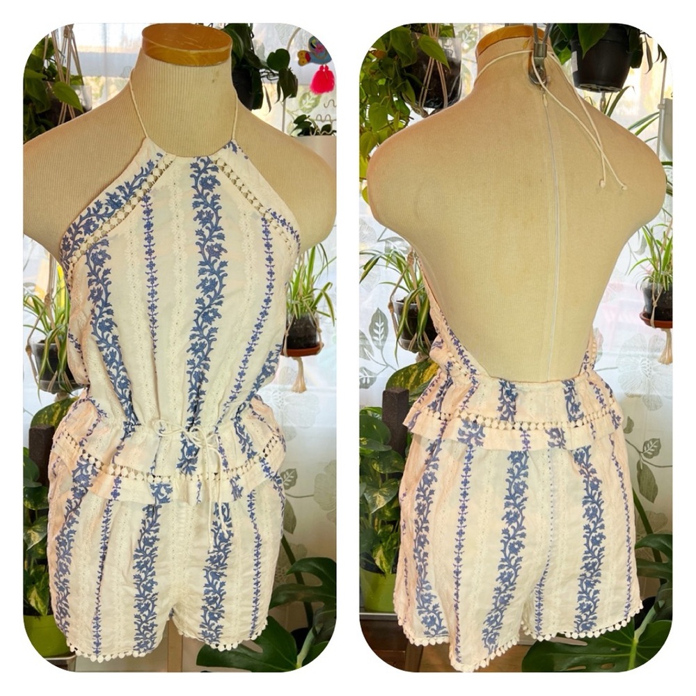 Zimmermann Sz 2 Blue and White Striped Backless Romper Cotton
